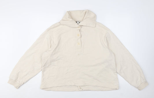Additional front view of COS Women Beige Cotton Henley Pullover Sweatshirt, size L