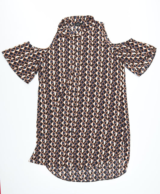 Additional front view of Papaya Women’s Multicoloured Geometric Cold Shoulder Shirt Dress, size UK 16