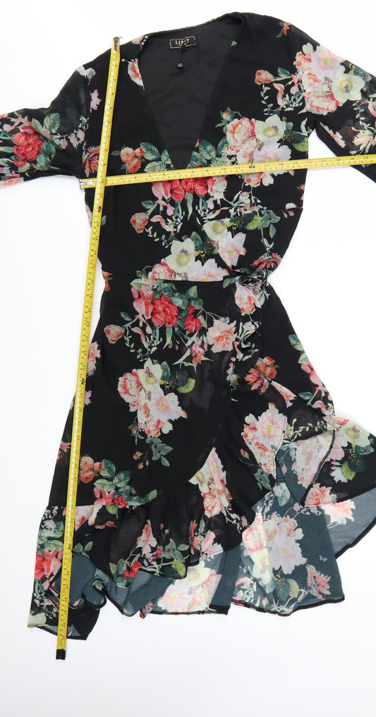 Lipsy Women’s Black Floral Wrap Hi-Low Chiffon Dress Size 12