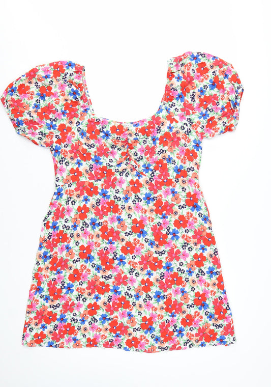 Additional front view of Papaya Women’s Multicoloured Floral Short Puff Sleeve A-Line Dress, size UK 16