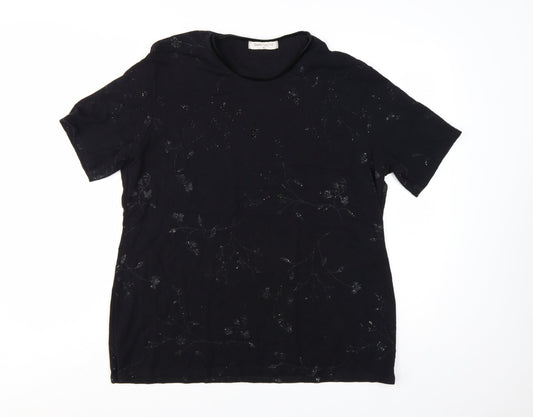 Bonmarché Women's Black Floral Glitter T-Shirt XL