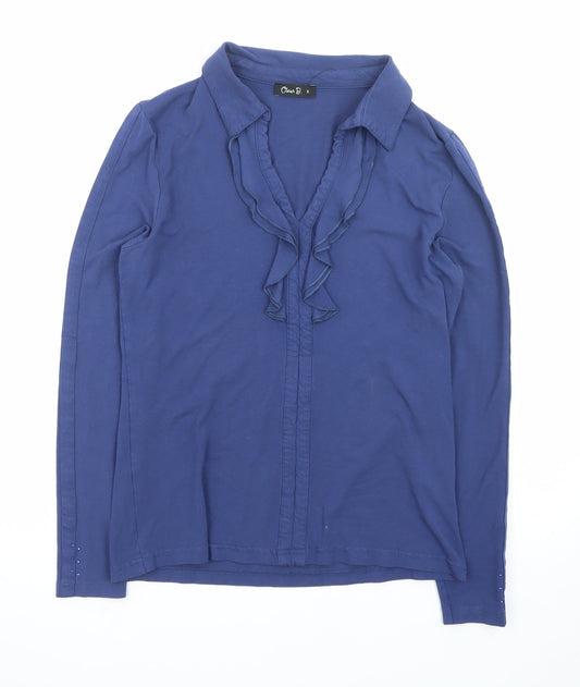 Additional front view of Oscar B. Women’s Blue Ruffle Long Sleeve Cotton Blend Blouse, size S
