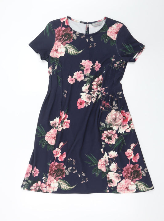 Additional front view of Dorothy Perkins Women's Blue Floral A-Line Dress, size 10