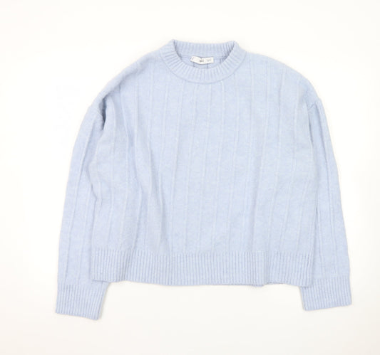 Mango Women Blue XL Wool Blend Cable-Knit Crew Neck Jumper