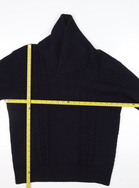 Zara Mens Black Wool Blend Roll Neck Cable Knit Jumper L