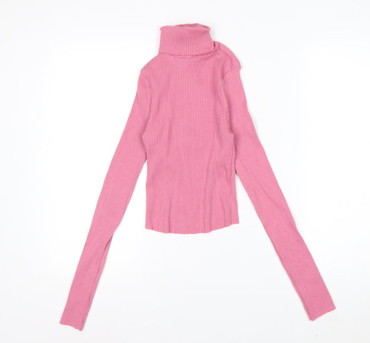 Additional front view of ASOS DESIGN Women’s Pink Roll Neck Ribbed Long Sleeve Top, size UK 10