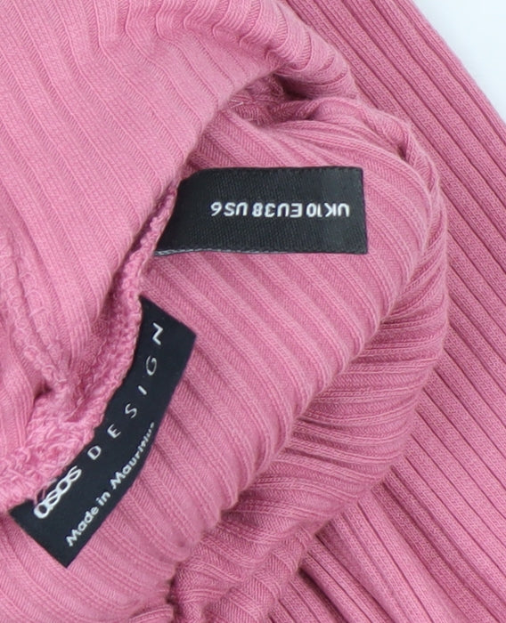 Brand and care label for ASOS DESIGN Women’s Pink Roll Neck Ribbed Long Sleeve Top, size UK 10