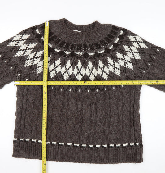 Marks and Spencer Women's Brown Fair Isle Cable-Knit Jumper M