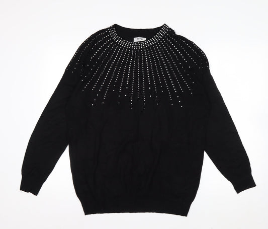 Additional front view of Soon women’s black rhinestone crew neck jumper, size UK 14
