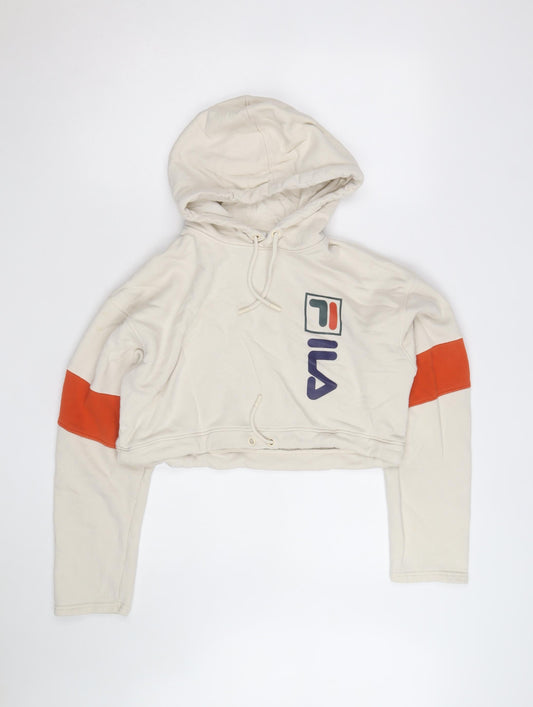 Additional front view of Fila women’s beige cropped hoodie small drawstring logo pullover