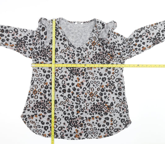Tilletts Women Grey Animal Print Ruffle Long Sleeve Top Size S