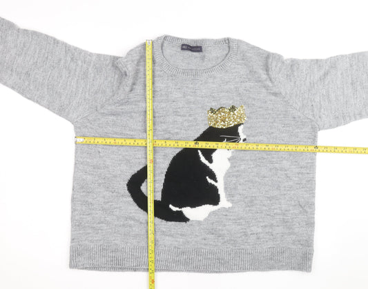Marks and Spencer Women Grey Cat Sequin Wool Jumper XL