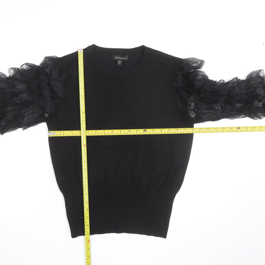 QED London Womens Black Ruffle Sleeve Crew Neck Pullover Jumper Size M