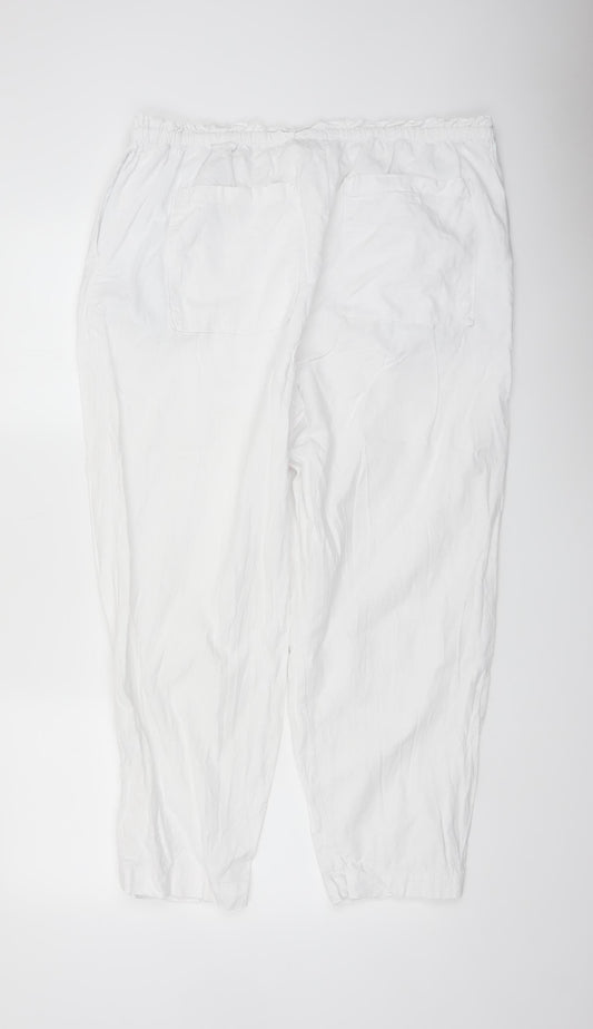 Marks and Spencer Women White Linen Blend Elastic Waist Trousers Size 18 Regular