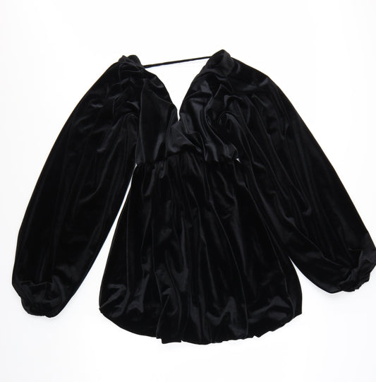 Additional front view of ASOS DESIGN Women’s Black Velvet Mini Dress, size UK 8, Long Sleeve Partywear