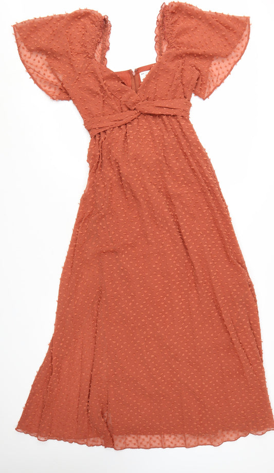 Additional front view of ASOS DESIGN Women’s Brown Midi Wrap Dress, size UK 10, Flutter Sleeves
