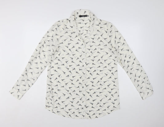 Mango Women White Eiffel Print Button-Up Long Sleeve Shirt Size 8