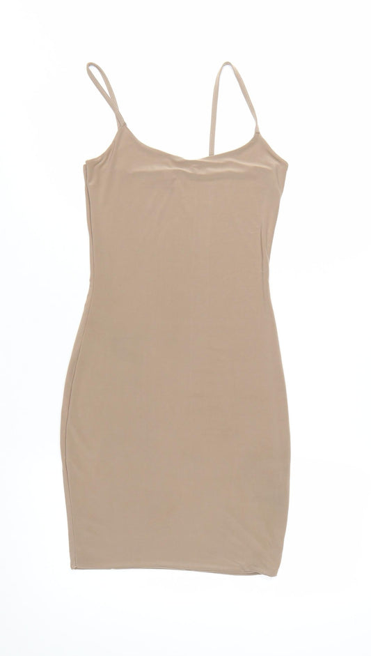 Additional front view of Missguided Women’s Beige Slip Dress, size UK 8, Sleeveless Scoop Neck