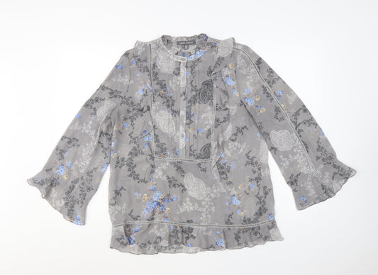 Laura Ashley Women's Grey Floral Chiffon Ruffle Tunic Blouse UK 10