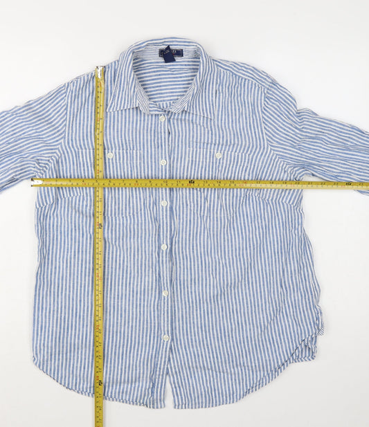 Chaps Women Blue Striped Linen Cotton Button-Up Shirt Size 18 Plus