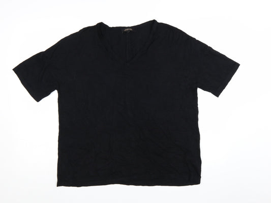 Additional front view of Jaeger women’s black v-neck short sleeve jersey t-shirt, size L