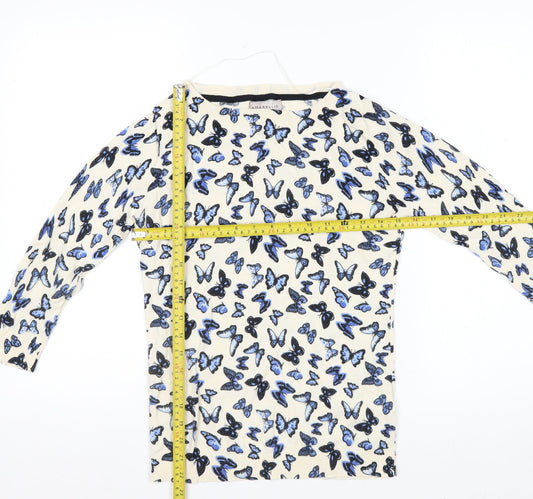 Amaryllis Womens Beige Blue Butterfly Print Cotton Long Sleeve Top S