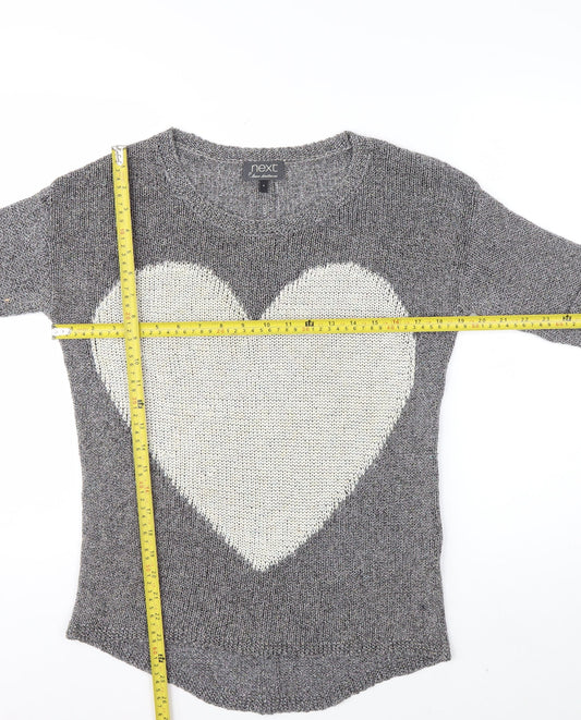 Next Womens Grey Heart Knit Jumper Size 8 Cotton Blend 3/4 Sleeve