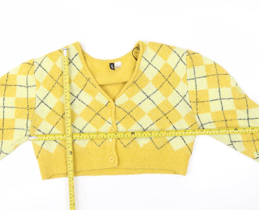 H&M Divided Women Yellow Argyle V-Neck Cropped Cardigan Size S