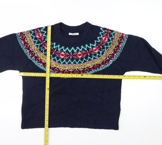 Pull & Bear Women's Blue Fair Isle Crew Neck Jumper Size 8