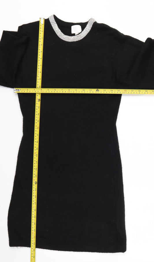 H&M Women's Black Rhinestone Crew Neck Long Sleeve Jumper Size 10
