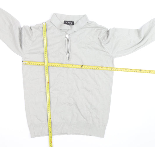 CAPO Men's Grey Cotton Half Zip Long Sleeve Casual Top Size M