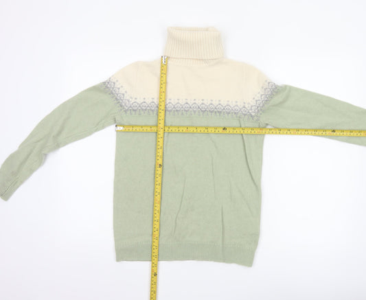 WoolOvers Women Green Fair Isle Roll Neck Lambswool Jumper Size S