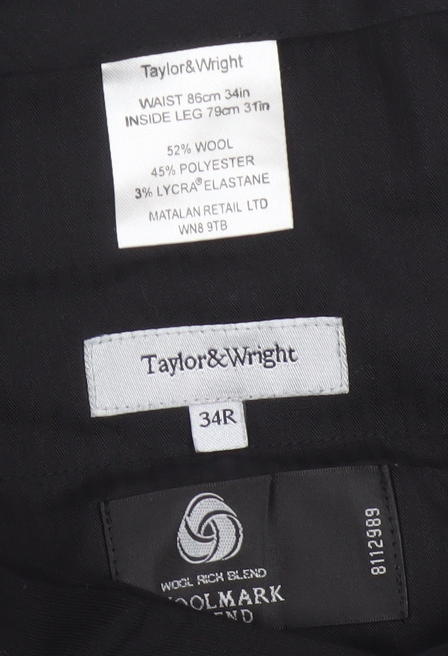 Brand and care label for Taylor & Wright Men's Black Wool Blend Dress Trousers 34R