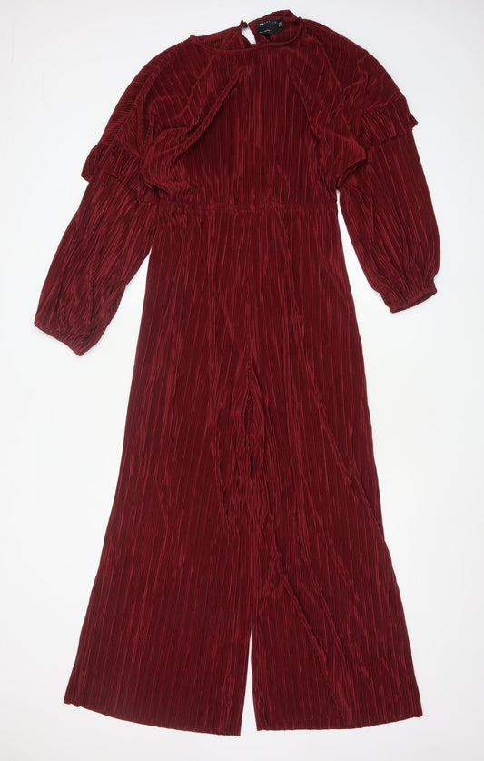 Additional front view of ASOS Design Women’s Red Pleated Wide-Leg Velvet Jumpsuit, size UK 14
