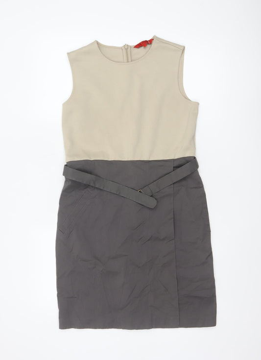 Additional front view of L.K. Bennett Women Beige Grey Colourblock Sheath Dress, size 10