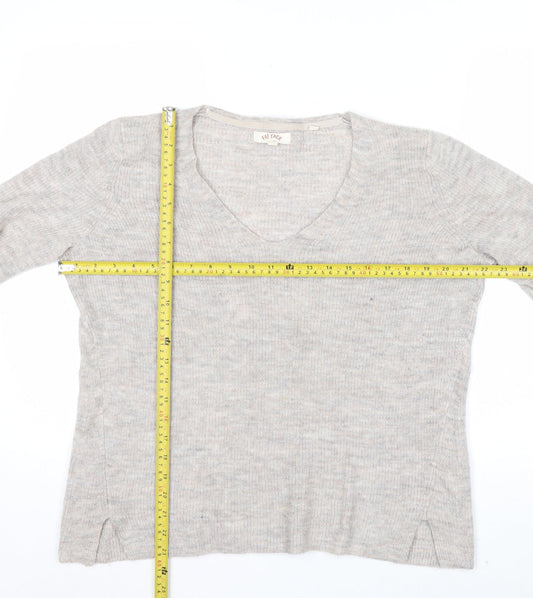 Fat Face Women Beige V-Neck Long Sleeve Wool Blend Jumper UK 14