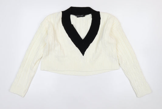 PRETTYLITTLETHING Womens Ivory V-Neck Cable Knit Jumper Size M