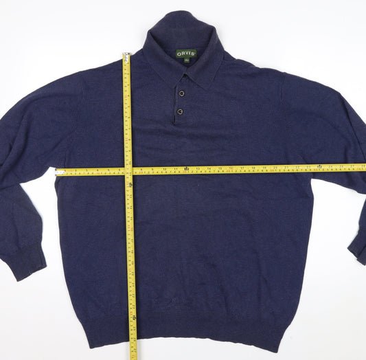 Orvis Men's Blue Cotton Silk Cashmere Long Sleeve Polo - Size L