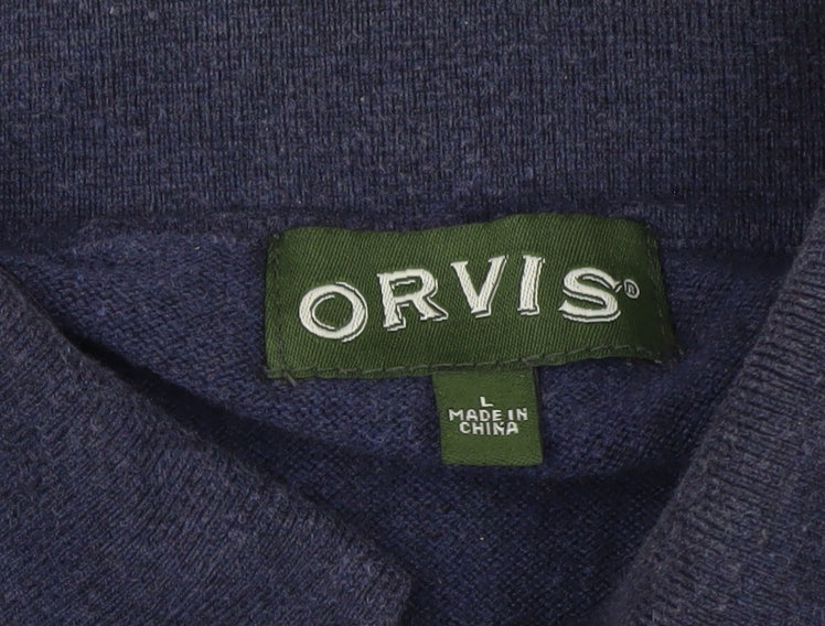 Orvis Men's Blue Cotton Silk Cashmere Long Sleeve Polo - Size L
