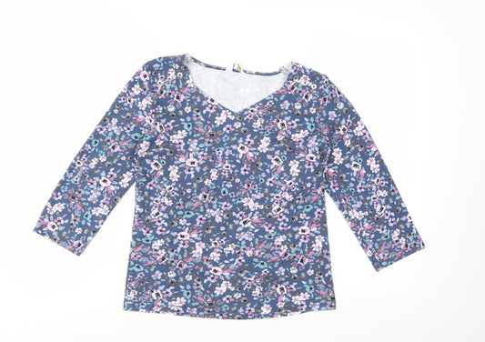 Cotton Traders Womens Blue Floral 3/4 Sleeve V-Neck Cotton T-Shirt Size 10