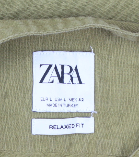 Zara Men Green Linen Relaxed Fit Long Sleeve Henley Shirt Size L