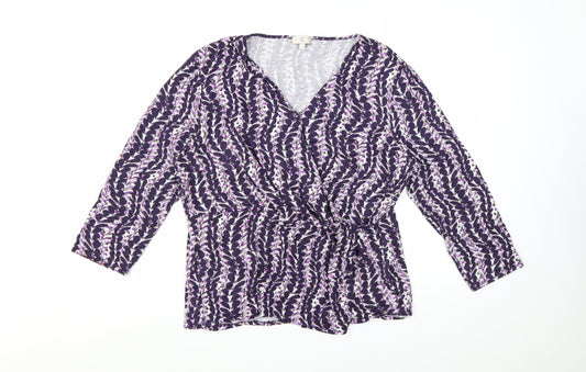 CC Women Purple Floral Wrap Blouse XL 3/4 Sleeve V-Neck