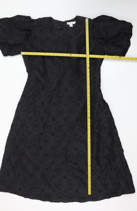 Finery Women Black A-Line Embroidered Puff Sleeve Dress UK 18