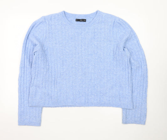 Mango Women's Blue Cable-Knit Wool Blend Crew Neck Jumper Size 16