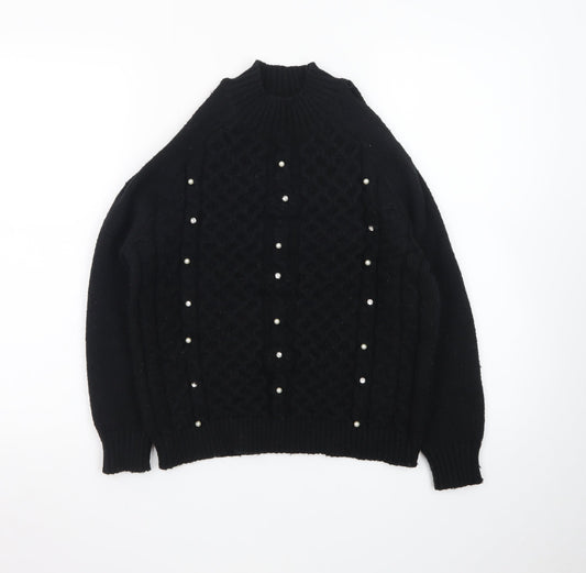 Additional front view of Lipsy Teens Black Mock Neck Pearl Beaded Cable Knit Jumper 11-12 YRS