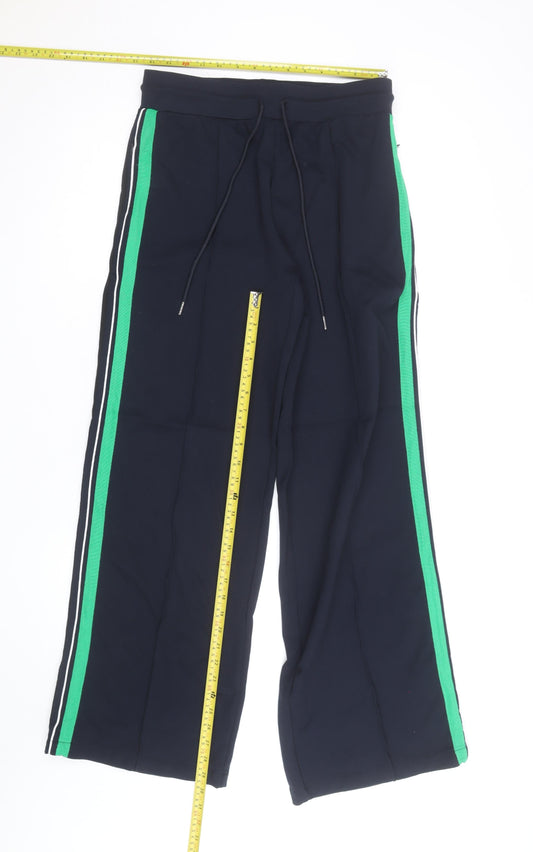 Marks and Spencer Womens Navy Green Stripe Wide-Leg Jogger Trousers Size 12