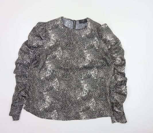 AX Paris Womens Black Animal Print Ruffle Long Sleeve Blouse Size 14