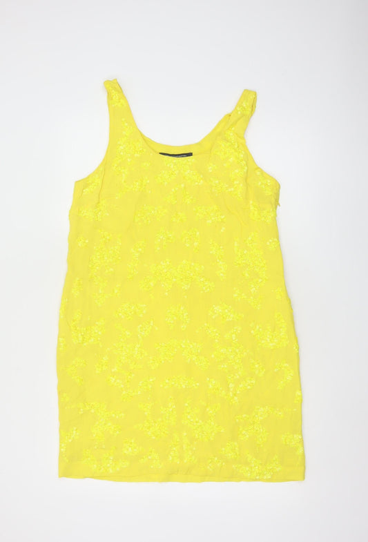 Additional front view of French Connection Women's Yellow Sequin Shift Dress, size 14