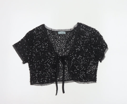 Additional front view of Red Herring Women's Black Sequin Cropped Blouse, size M, Party Top