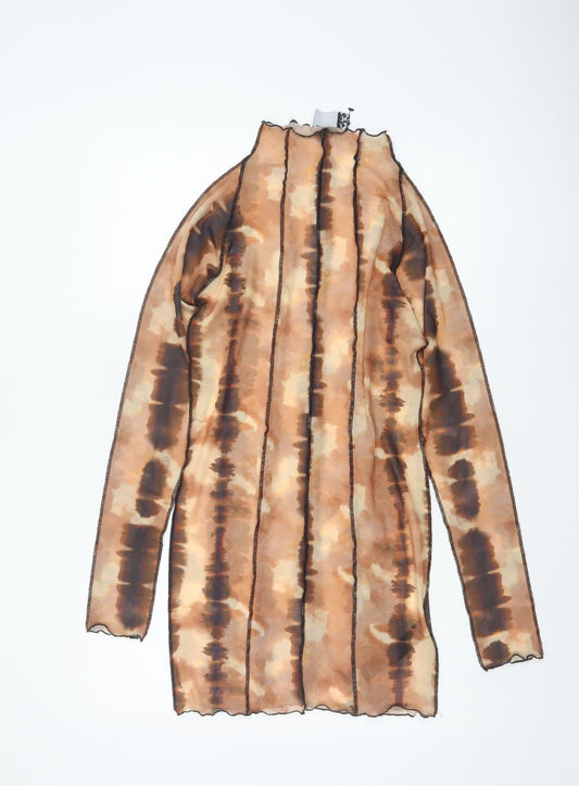 Additional front view of ASOS DESIGN Women's Brown Tie Dye Mesh Bodycon Mini Dress, size 8
